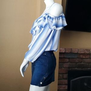 RUE21 Blue & White Striped Ruffle Cold Shoulder Long Sleeve Blouse SIZE: M